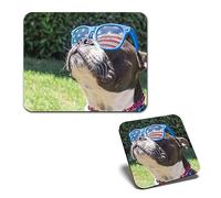 1x Mouse Mat & 1x Square Wooden Cork Coaster Boston Terrier Dog America USA Flag Matching Set of Mouse Pad & Placemat for Coffee Tea Drinks Kitchen #52679