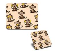 1x Mouse Mat & 1x Square Wooden Cork Coaster Cheeky Monkey Bananas Boys Kids Son Matching Set of Mouse Pad & Placemat for Coffee Tea Drinks Kitchen #170465