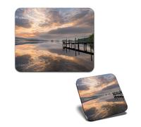 1x Mouse Mat & 1x Square Wooden Cork Coaster Derwent Water Sunset Keswick Lake District Matching Set of Mouse Pad & Placemat for Coffee Tea Drinks Kitchen #50748
