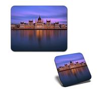 1x Mouse Mat & 1x Square Wooden Cork Coaster Hungarian Parliament Building Budapest Matching Set of Mouse Pad & Placemat for Coffee Tea Drinks Kitchen #51203