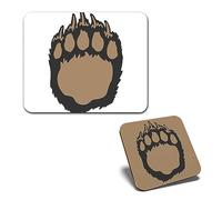 1x Mouse Mat & 1x Square Wooden Cork Coaster Imprint Bear Paw Silhouette Matching Set of Mouse Pad & Placemat for Coffee Tea Drinks Kitchen #60571