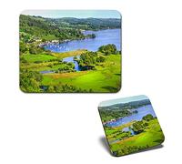 1x Mouse Mat & 1x Square Wooden Cork Coaster Lake Windermere English Lake District Matching Set of Mouse Pad & Placemat for Coffee Tea Drinks Kitchen #51313