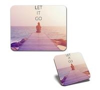 1x Mouse Mat & 1x Square Wooden Cork Coaster Let it Go Quote Positive Motivation Matching Set of Mouse Pad & Placemat for Coffee Tea Drinks Kitchen #51331
