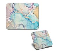 1x Mouse Mat & 1x Square Wooden Cork Coaster Marble Ink Effect Pink Blue Abstract Matching Set of Mouse Pad & Placemat for Coffee Tea Drinks Kitchen #170144