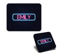 1x Mouse Mat & 1x Square Wooden Cork Coaster Neon Sign Design Emily Name Matching Set of Mouse Pad & Placemat for Coffee Tea Drinks Kitchen #352942