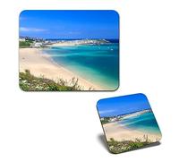 1x Mouse Mat & 1x Square Wooden Cork Coaster Porthminster Beach St Ives Cornwall Matching Set of Mouse Pad & Placemat for Coffee Tea Drinks Kitchen #51758