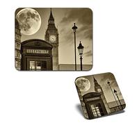 1x Mouse Mat & 1x Square Wooden Cork Coaster Sepia Big Ben Phone Box London Matching Set of Mouse Pad & Placemat for Coffee Tea Drinks Kitchen #63258
