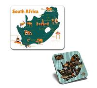 1x Mouse Mat & 1x Square Wooden Cork Coaster South Africa African Map Landmarks Matching Set of Mouse Pad & Placemat for Coffee Tea Drinks Kitchen #58704