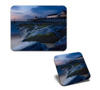 1x Mouse Mat & 1x Square Wooden Cork Coaster Southwold Pier Suffolk Sunrise Matching Set of Mouse Pad & Placemat for Coffee Tea Drinks Kitchen #52090