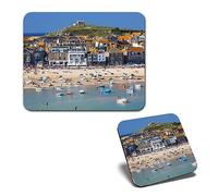 1x Mouse Mat & 1x Square Wooden Cork Coaster St. Ives Cornwall Beach England UK Matching Set of Mouse Pad & Placemat for Coffee Tea Drinks Kitchen #52128