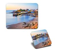 1x Mouse Mat & 1x Square Wooden Cork Coaster Sunrise Tenby Harbour Wales UK Matching Set of Mouse Pad & Placemat for Coffee Tea Drinks Kitchen #52182