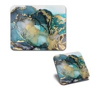 1x Mouse Mat & 1x Square Wooden Cork Coaster Teal Black Ink Art Fluid Marble Effect Matching Set of Mouse Pad & Placemat for Coffee Tea Drinks Kitchen #53472