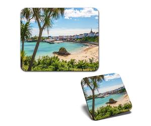 1x Mouse Mat & 1x Square Wooden Cork Coaster Tenby Harbour Wales Welsh Beach Matching Set of Mouse Pad & Placemat for Coffee Tea Drinks Kitchen #52249