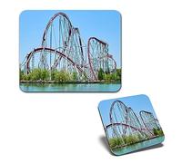 1x Mouse Mat & 1x Square Wooden Cork Coaster Thrill Seeker Rollercoaster Park Matching Set of Mouse Pad & Placemat for Coffee Tea Drinks Kitchen #52275