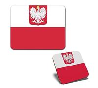 1x Mouse Mat & 1x Square Wooden Cork Coaster Traditional Poland Polska Polish Flag Matching Set of Mouse Pad & Placemat for Coffee Tea Drinks Kitchen #56021