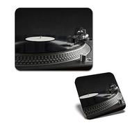 1x Mouse Mat & 1x Square Wooden Cork Coaster Turntable Vinyl Player Music DJ Matching Set of Mouse Pad & Placemat for Coffee Tea Drinks Kitchen #52325