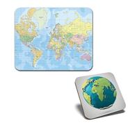 1x Mouse Mat & 1x Square Wooden Cork Coaster World Map Globe Earth Matching Set of Mouse Pad & Placemat for Coffee Tea Drinks Kitchen #170942
