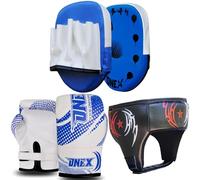 1x ONEX Youth Boxing Gear Set Premium Kids Training Kit with Gloves, Focus Pads & Head Guard for Boxing & MMA (WHITE-BLUE)