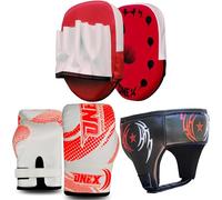 1x ONEX Youth Boxing Gear Set Premium Kids Training Kit with Gloves, Focus Pads & Head Guard for Boxing & MMA (WHITE-RED)