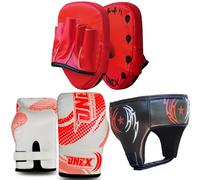 1x ONEX Youth Boxing Gear Set Premium Kids Training Kit with Gloves, Focus Pads & Head Guard for Boxing & MMA (RED)