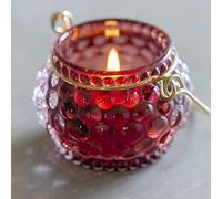 1x Red Glass Tea Light Candle Holder - Pretty Bohemian Moroccan Candle Holder in Plum Bubble Hobnail Pattern Votive w/Gold Metal Carry Handle