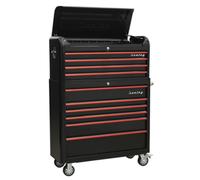 Sealey AP41COMBOBR Retro Style Wide Topchest & Rollcab Combination 10 Drawer-Black With Red Anodised Drawer Pull