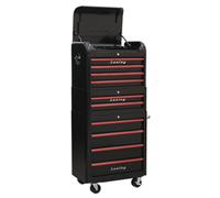 Sealey AP28COMBO2BR Retro Style Topchest Mid-Box & Rollcab Combination 10 Drawer - Black With Red Anodised Drawer Pulls