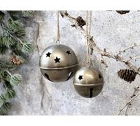 1x Small Hanging Christmas Bell with Cut Out Stars, Christmas Bauble Decoration, Festive Xmas Round Ball Bell, Antique Brass Decorative Metal Ball Bell