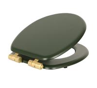 Harbour Housewares Soft Close Wooden Toilet Seat - Green/Gold - Pack of 1 | Oval-Shaped Antibacterial Loo Lid with Easy Install Universal Hinges, Fixings & Fittings for Bathroom Toilet Replacement