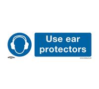 1x USE EAR PROTECTORS Health & Safety Sign - Self Adhesive 300 x 100mm Sticker