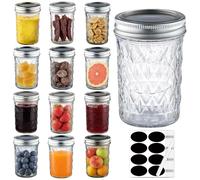 1ZIZIFA8 12 Pack Glass Mason Jars, 240ml Canning Jars with Lids - 8 oz Diamond Pattern Glass Jars for Pickling, Jam, Jelly, Fermenting, Honey & Spice Storage - Reusable & Leak Proof