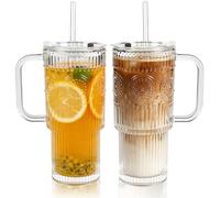 1ZIZIFA8 750ml Glass Tumbler with Lid & Straw, 2 Pack - Ribbed Design with Handle, Large Leakproof Iced Coffee Cup for Smoothies, Matcha, Latte, Bubble Tea & Cold Drinks - Dishwasher Safe