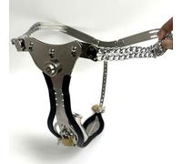 2.0 T-Type Stainless Steel Push Lock Version Adult Male Chastity Belt with cage Adjustable Chain Detail Pants (Black 87-122cm)