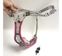 2.0 T-Type Stainless Steel Push Lock Version Adult Male Chastity Belt with cage Adjustable Chain Detail Pants (Pink 65-95cm)