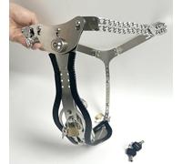2.0 T-Type Stainless Steel Push Lock Version Adult Male Chastity Belt with cage Adjustable Chain Detail Pants (Black 65-95cm)