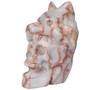 2.17 Inch Crystal Skull with Wolf Head Figurine Decor, Red Network Jasper Skull with Wolf Head Statue Decor for Home Office Desk, Hand Carved Healing Crystal Animal Statues Gifts for Women Men