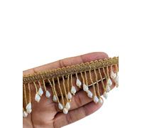 2.25 Inch Pearl Beaded Drop Fringe Trim - Decorative Golden Lace with Teardrop Beads - Available in 1, 3, 6 Yard - Ideal for Saree, Dresses, Curtains, DIY Craft Embellishments (3)