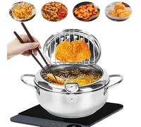 2.2L Stainless Steel Japanese Style Tempura Frying Pan,Deep Fryer Pot with Lid And Oil Drip Rack, Tempura deep Fryer with a Thermometer for French Fries Shrimp Meatballs Kitchen Cooking (2.2L)