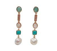 2.3'' geometric gold filled White Keshi Pearl shell Blue crystal pave Dangle Earrings cute for women