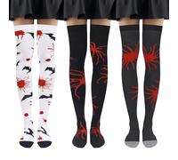 2/3 Pairs Halloween Knee High Socks for Women Thigh High Long Sock Novelty Spooky Halloween Gifts for Ladies Fun Sock Skeleton Spider Bat Bloody Over the Knee Socks Stockings Cosplay
