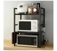 2/3-Tier Expandable Microwave Oven Rack, 75kg Load Capacity, Carbon Steel Kitchen Countertop Shelf With 6 Hooks, Storage Organizer For Air Fryer, Toaster, Coffee Maker, Black(Size:3-Tier)
