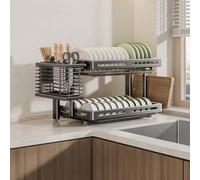 2/3-Tier Stainless Steel Dish Drying Rack with Drain, Foldable Cutting Board Holder, Space-Saving Kitchen Organizer, Gun Gray,55cm/21in - Durable, Rust-Resistant, Easy to Clean