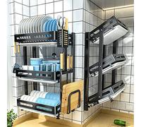 2/3 Tier Wall Mounted Stainless Steel Dish Drainer Rack - Foldable Kitchen nizer with Removable Cutlery Holder & Chopping Board Holder - Space-Saving Black Design