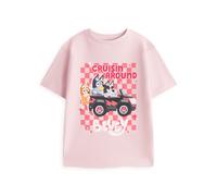 Bluey Girls Pink Short Sleeved Graphic Tee | Cruisin' Around Cartoon Print with Bingo & Muffin | Checkered Vehicle Adventure Top | Kids Character T-Shirt Merch - 2-3 Years