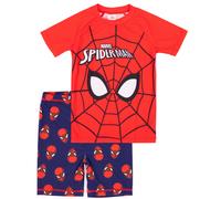 Marvel Spider-Man Swimsuit for Boys | Red Blue Character Mask Spider Web Two-Piece Top Shorts Bathing Suit Swim Set | Kids Superhero Swimwear
