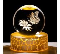 2.36in. 3D Butterfly with Flower Crystal Ball Gifts for Women, K9 Crystal Decorative Ball Engraved Butterfly Figurine Paperweight with LED Light Base for Home Office Ornament