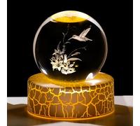 2.36in. 3D Hummingbird and Lilies Crystal Ball Gifts for Women, K9 Crystal Decorative Ball Engraved Bird Figurine Paperweight with LED Light Base for Home Office Ornament for Birthday Christmas