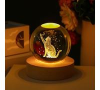 2.3in 3D Engraved Cat Moon Crystal Suncatcher Night Light Wood Base Decor