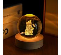 2.3in Crystal Ball Light 3D Glass Engraved Cat Decorative Night Light with Wooden Light Base for Cat Lovers