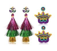 2/3Pairs Mardi Gras Earrings for Women Beaded Crown Dangle Earrings Mardi Gras Accessory, Fleur De Lis Carnival Earrings for Fat Tuesday Celebrations, Mardi Gras Parades Jewelry Gifts, L, Zinc